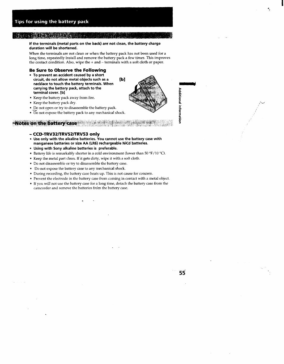 Nthe'teññir, Notes on the battery-case | Sony CCD-TRV53 User Manual | Page 55 / 76