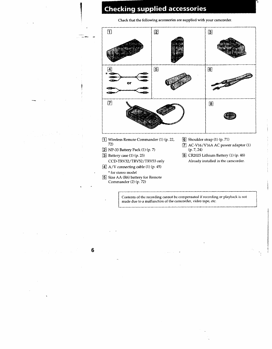 Checking supplied accessories | Sony CCD-TRV53 User Manual | Page 6 / 76