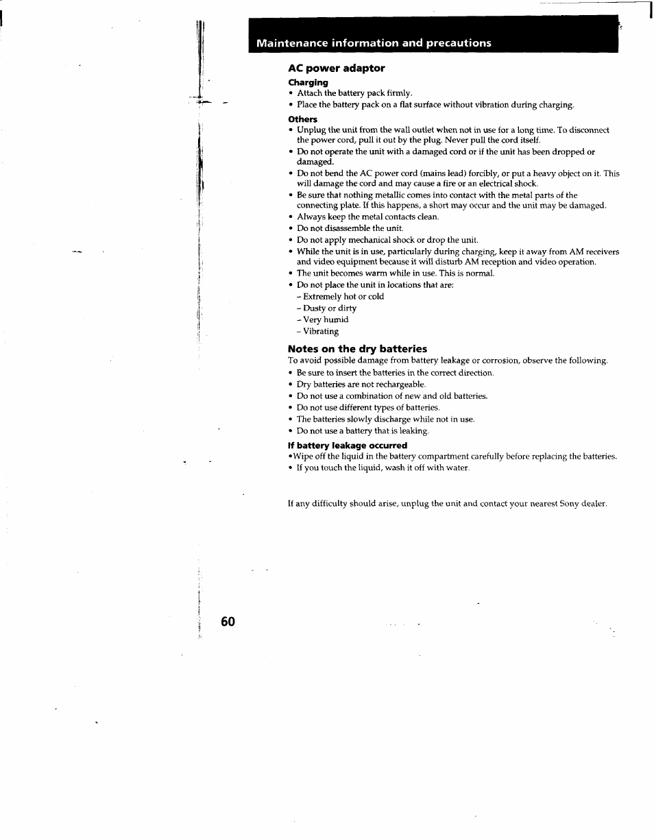 Charging, Others, If battery leakage occurred | Sony CCD-TRV53 User Manual | Page 60 / 76