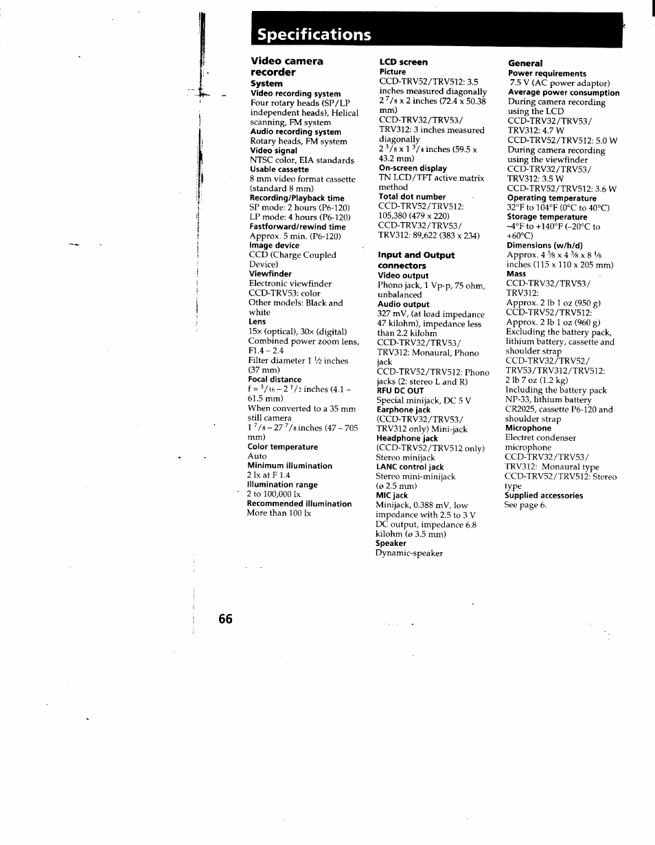 Specifications, System, Lcd screen | Input and output connectors, General, Video camera recorder | Sony CCD-TRV53 User Manual | Page 66 / 76