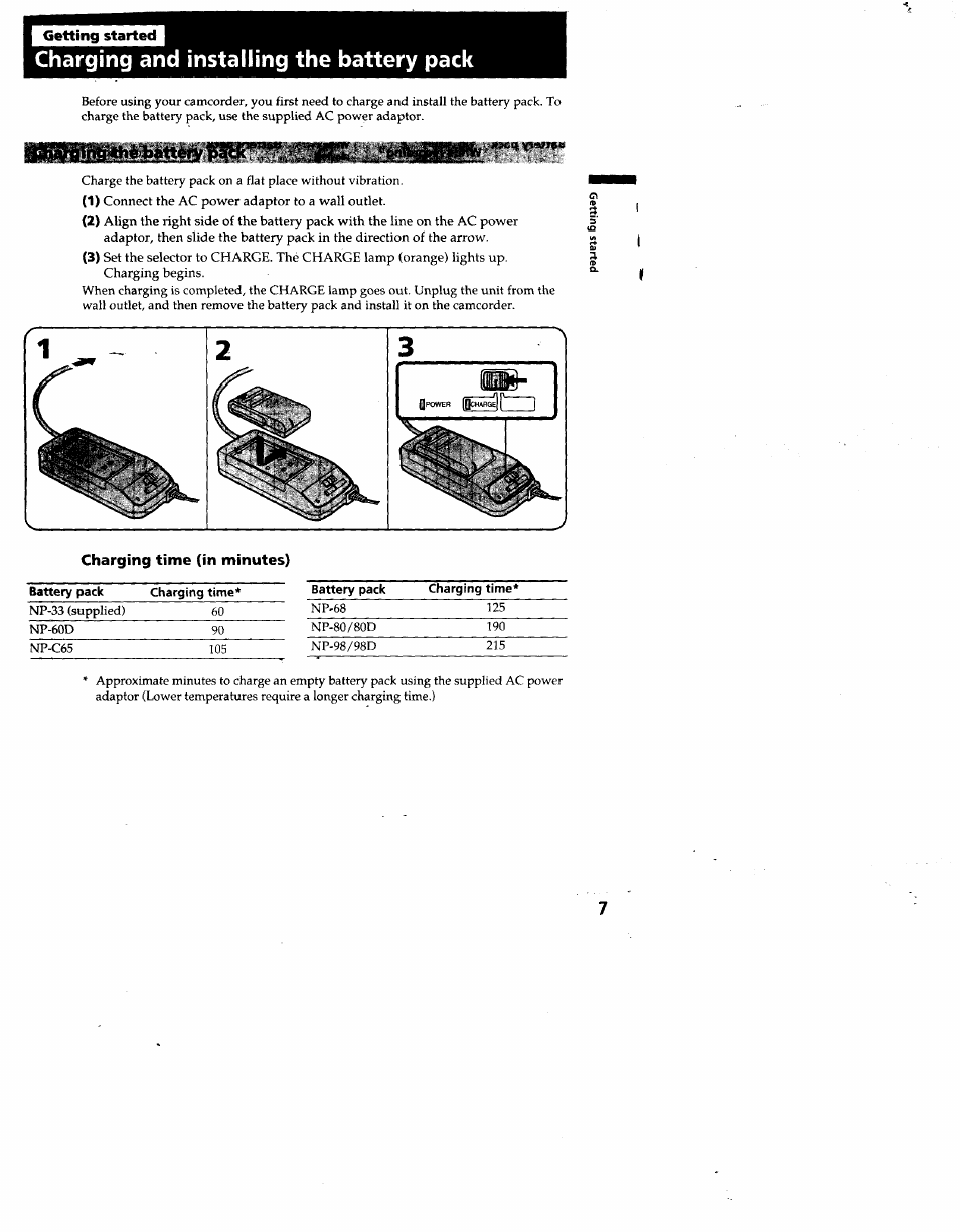 Charging and installing the battery pack | Sony CCD-TRV53 User Manual | Page 7 / 76