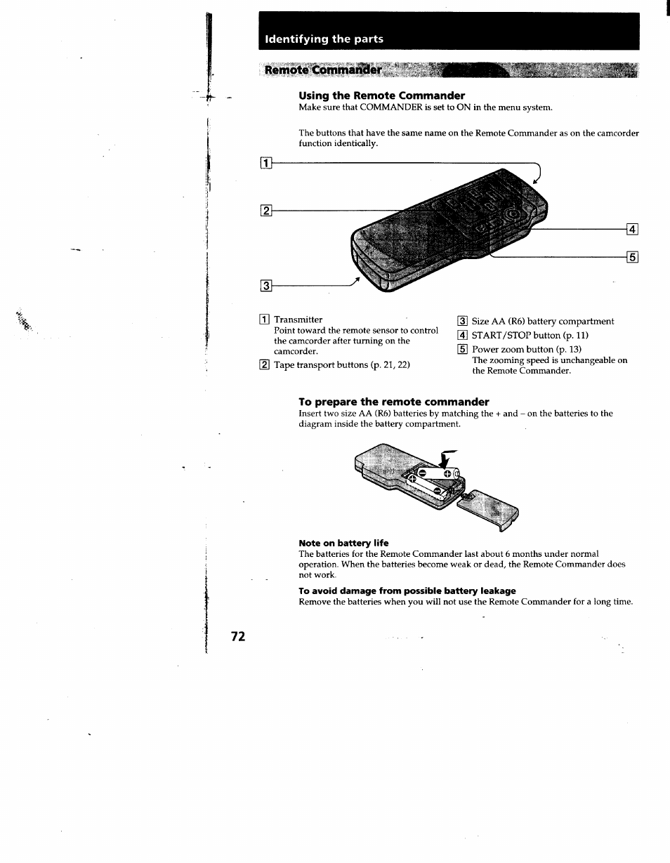 Remote commander, Note on battery life, To avoid damage from possible battery leakage | Sony CCD-TRV53 User Manual | Page 72 / 76