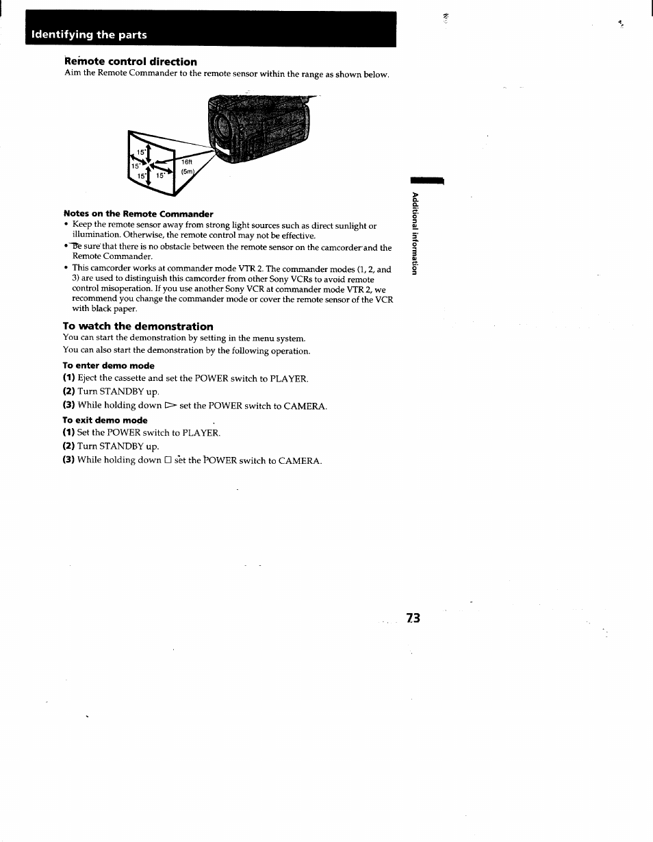 Notes on the remote commander, To enter demo mode, To exit demo mode | Sony CCD-TRV53 User Manual | Page 73 / 76