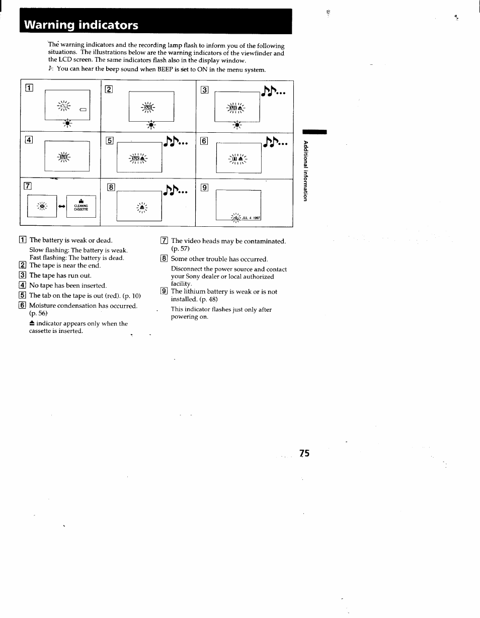 Warning indicators | Sony CCD-TRV53 User Manual | Page 75 / 76