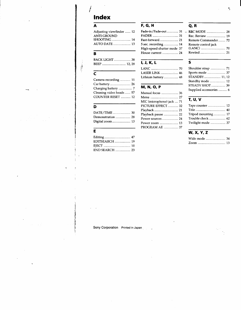 Index, Q, r | Sony CCD-TRV53 User Manual | Page 76 / 76