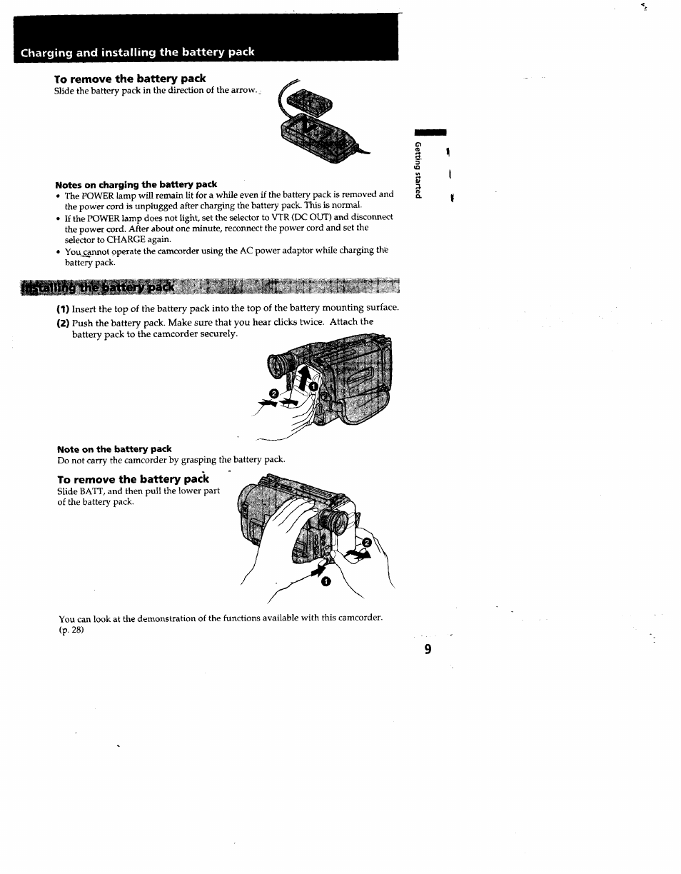 Notes on charging the battery pack, Ijl# ' ' ■ j, Patk | Note on the battery pack | Sony CCD-TRV53 User Manual | Page 9 / 76