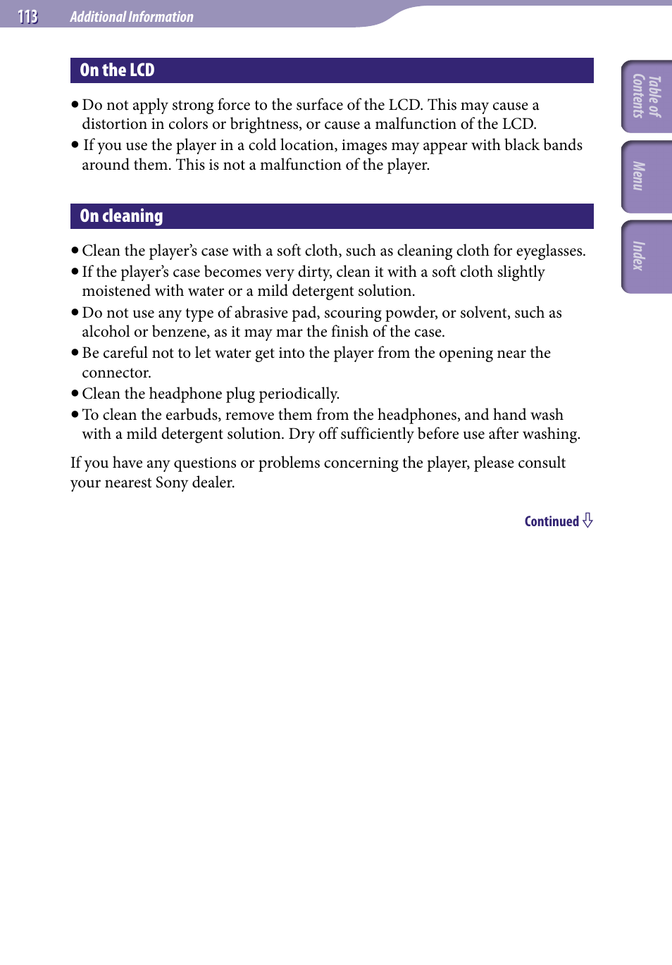 On the lcd, On cleaning | Sony NWZ-A818BLK User Manual | Page 113 / 125