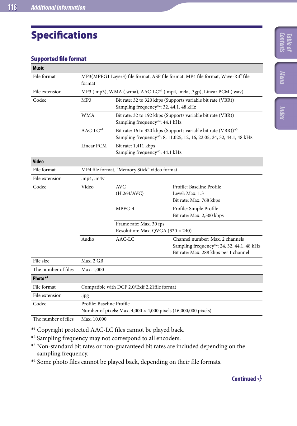 Specifications, Table of cont ents men u inde x, Additional information | Supported file format, Continued | Sony NWZ-A818BLK User Manual | Page 118 / 125