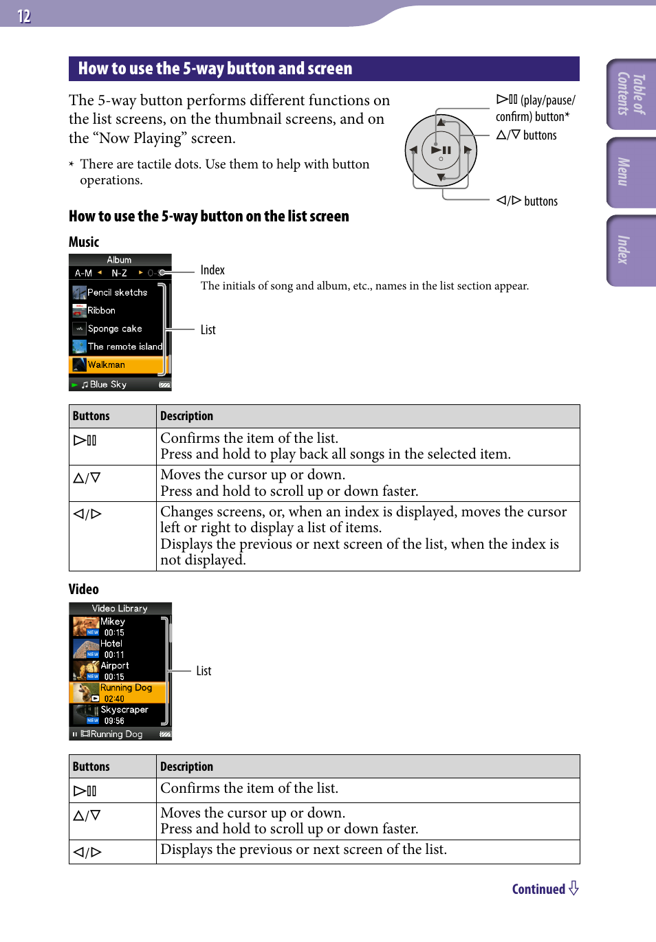 How to use the 5-way button and screen | Sony NWZ-A818BLK User Manual | Page 12 / 125