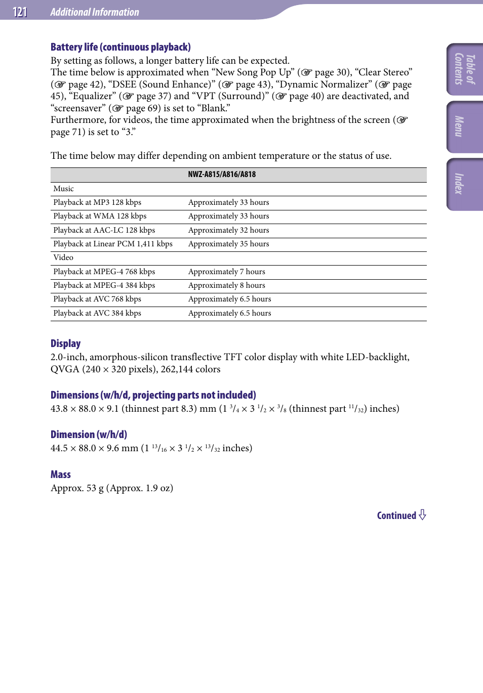 Table of cont ents men u inde x, Additional information, Battery life (continuous playback) | Display, Dimensions (w/h/d, projecting parts not included), Dimension (w/h/d), Mass | Sony NWZ-A818BLK User Manual | Page 121 / 125