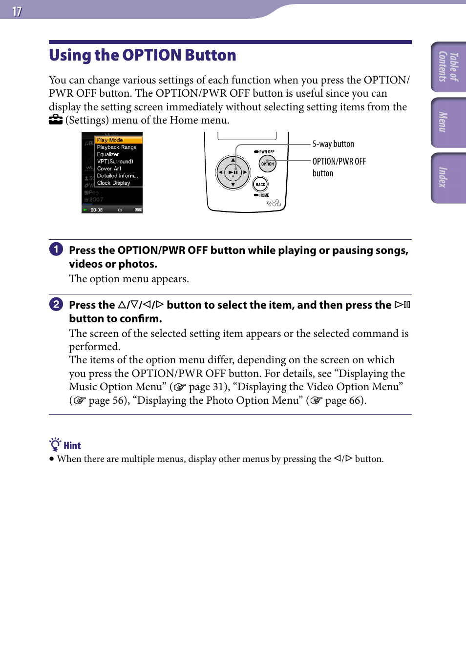 Using the option button | Sony NWZ-A818BLK User Manual | Page 17 / 125