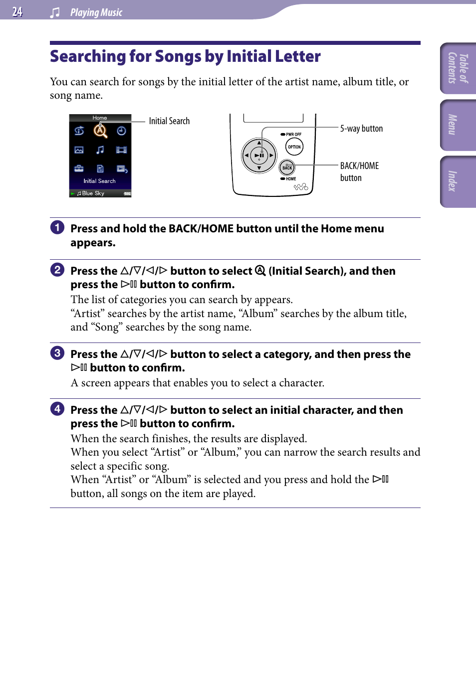 Searching for songs by initial letter, Searching for songs by initial, Letter | Artist album song | Sony NWZ-A818BLK User Manual | Page 24 / 125