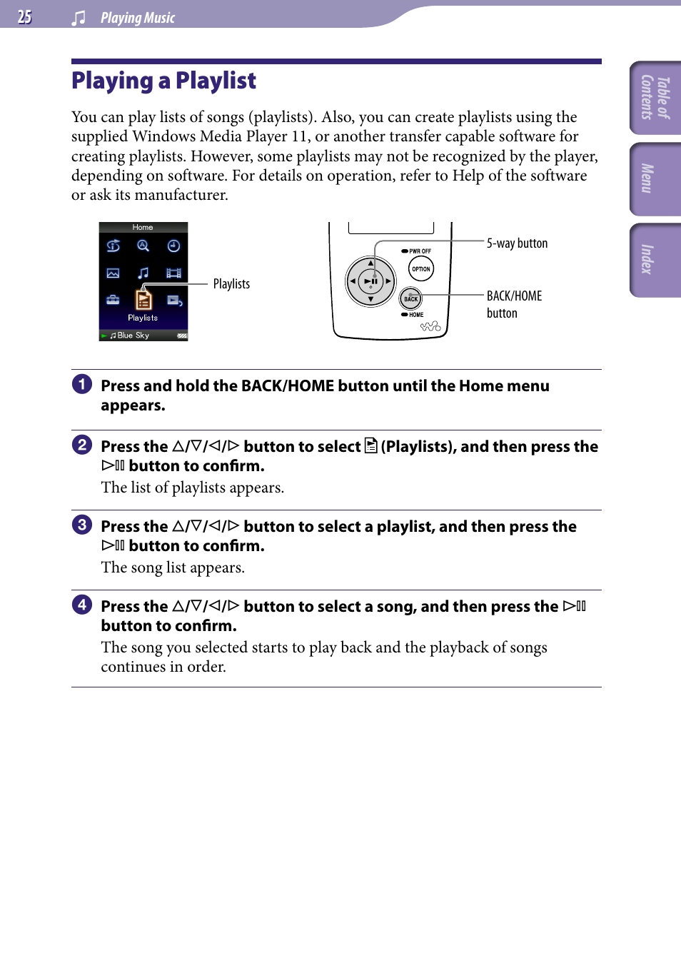 Playing a playlist, Playlists | Sony NWZ-A818BLK User Manual | Page 25 / 125