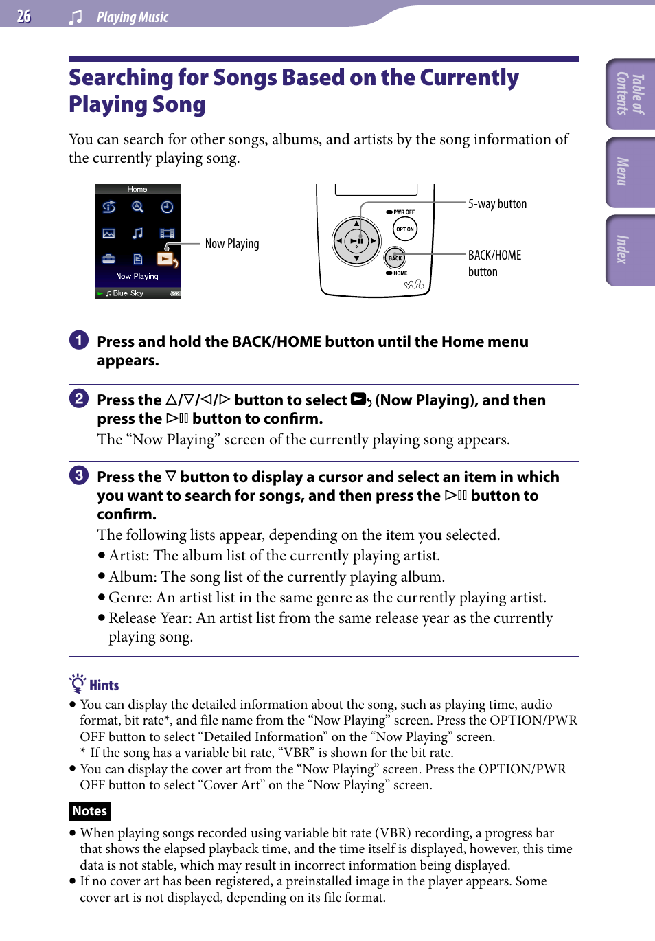 Searching for songs based on the, Currently playing song | Sony NWZ-A818BLK User Manual | Page 26 / 125