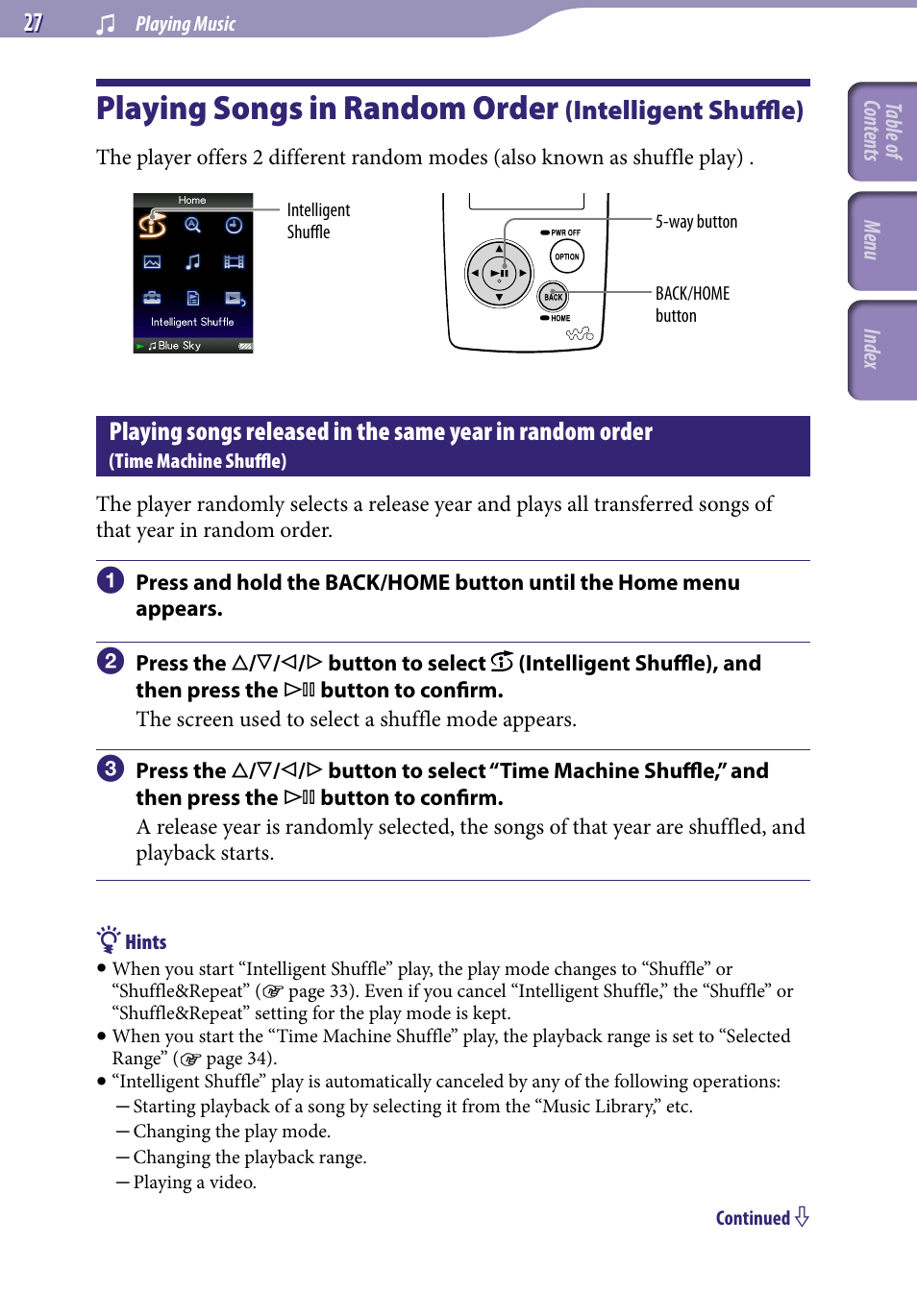 Playing songs in random order, Intelligent shuffle), Playing songs released in the same year in | Random order, Time machine shuffle), Time machine shuffle | Sony NWZ-A818BLK User Manual | Page 27 / 125