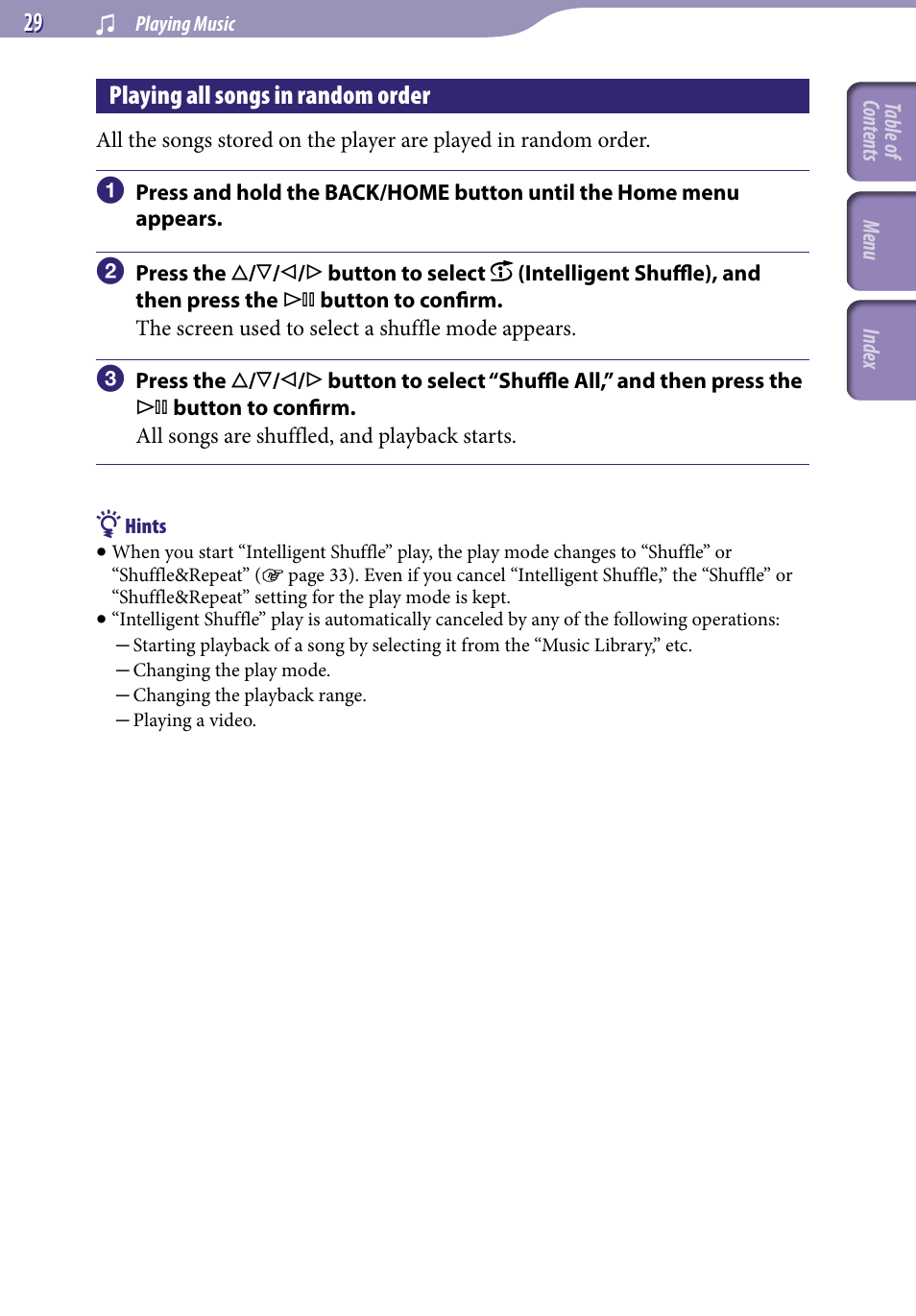 Playing all songs in random order, Shuffle all | Sony NWZ-A818BLK User Manual | Page 29 / 125