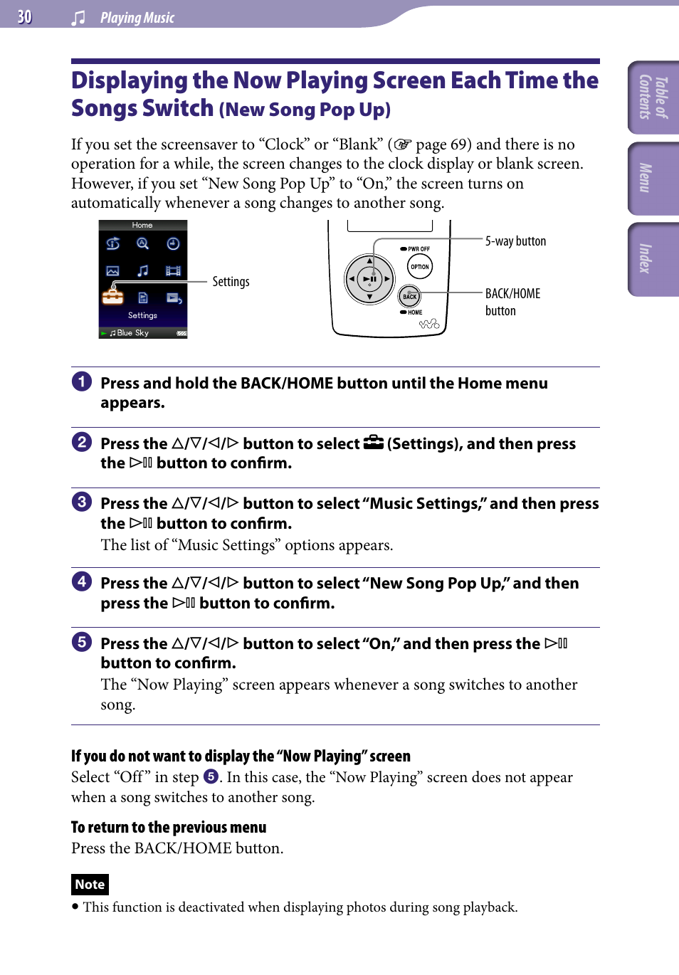 Displaying the now playing screen each, Time the songs switch, New song pop up) | New song pop up | Sony NWZ-A818BLK User Manual | Page 30 / 125