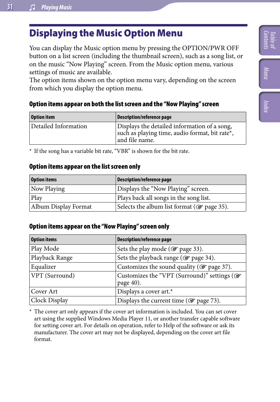 Displaying the music option menu | Sony NWZ-A818BLK User Manual | Page 31 / 125