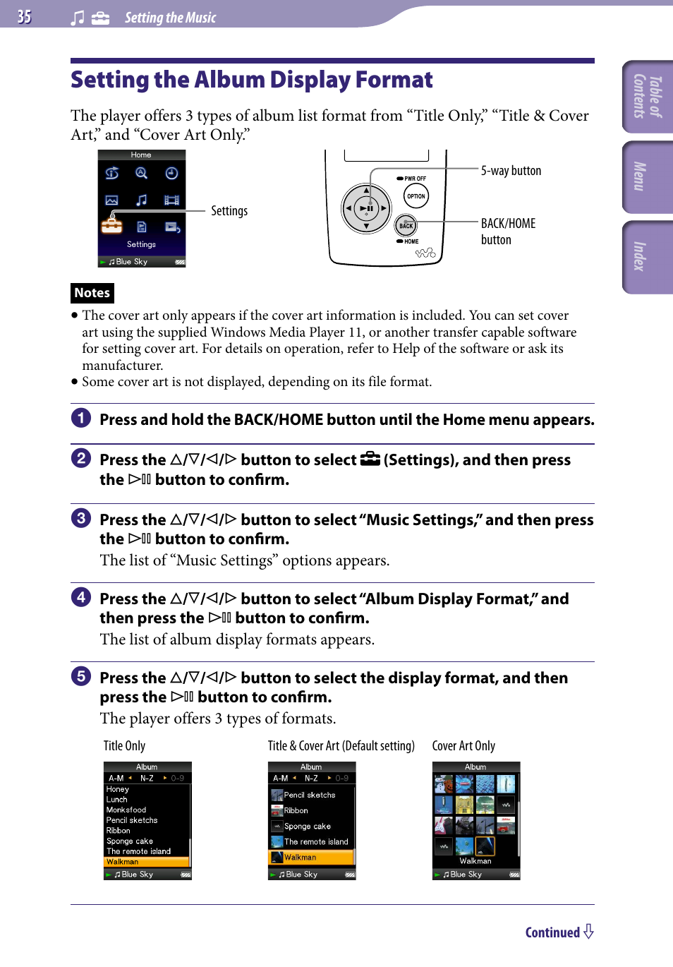 Setting the album display format, Album display format | Sony NWZ-A818BLK User Manual | Page 35 / 125