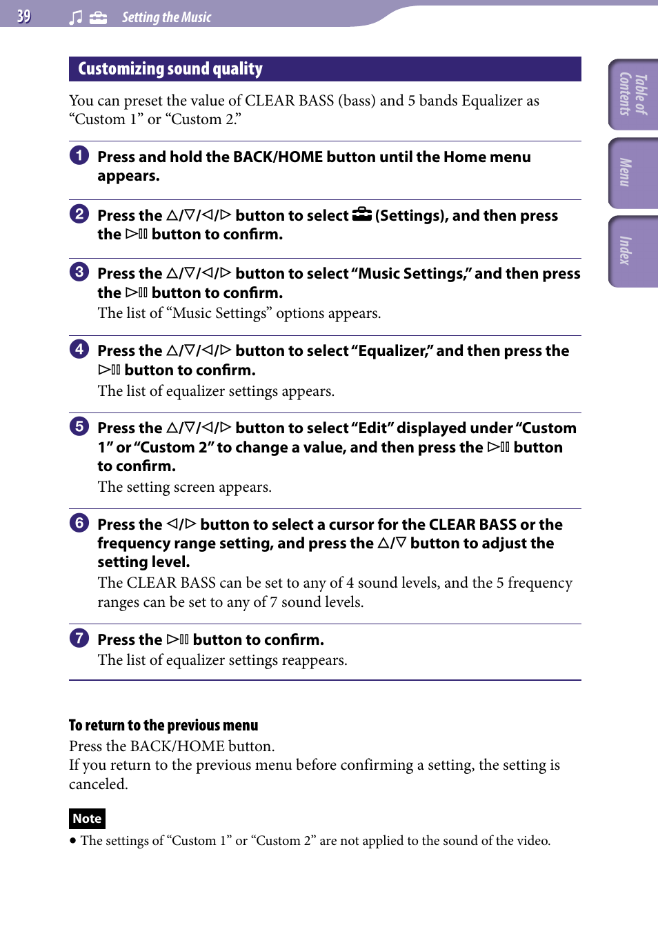 Customizing sound quality (custom), Customizing sound quality, Custom) | Sony NWZ-A818BLK User Manual | Page 39 / 125