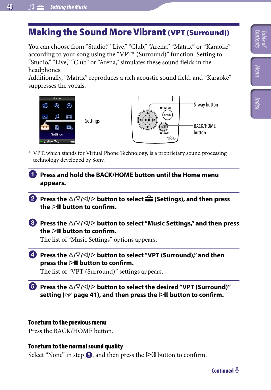 Making the sound more vibrant (vpt (surround)), Making the sound more vibrant, Vpt (surround)) | Vpt (surround) | Sony NWZ-A818BLK User Manual | Page 40 / 125