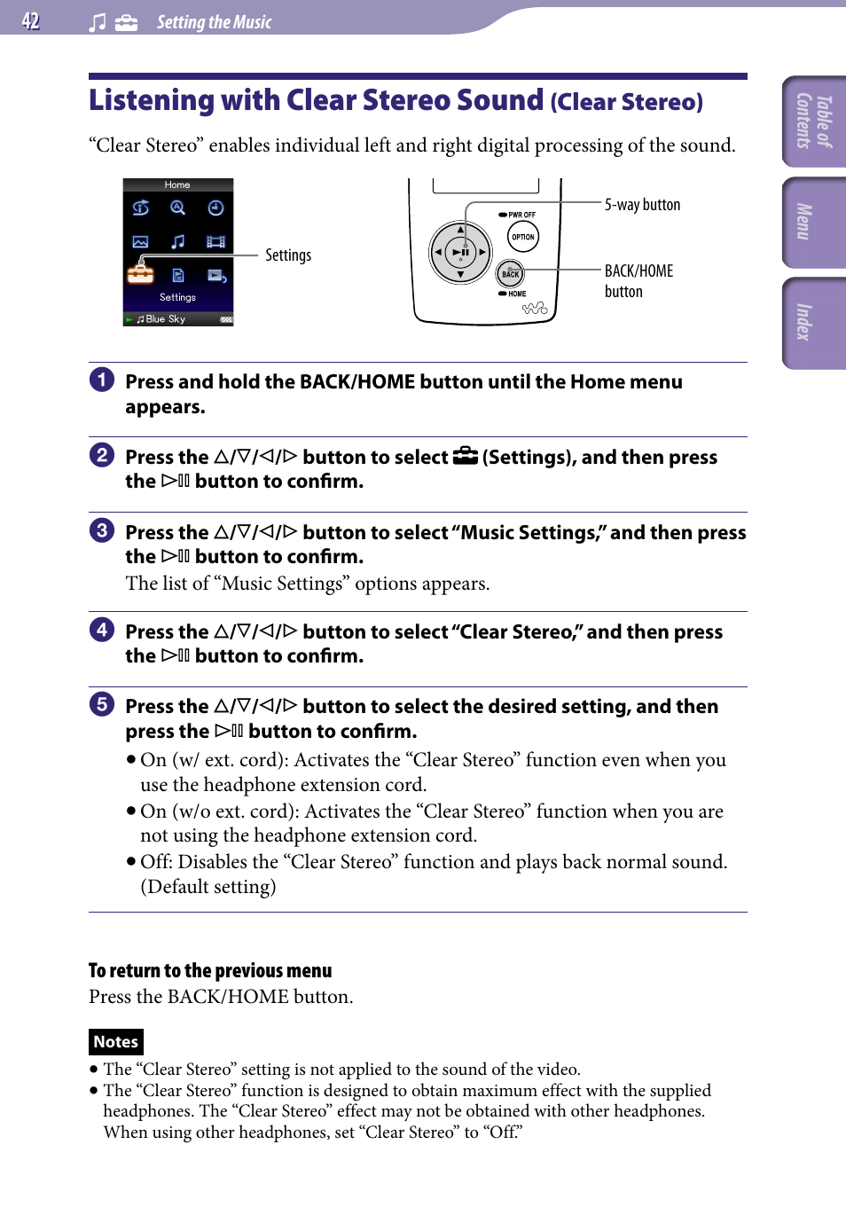 Listening with clear stereo sound (clear stereo), Listening with clear stereo sound, Clear stereo) | Clear stereo | Sony NWZ-A818BLK User Manual | Page 42 / 125