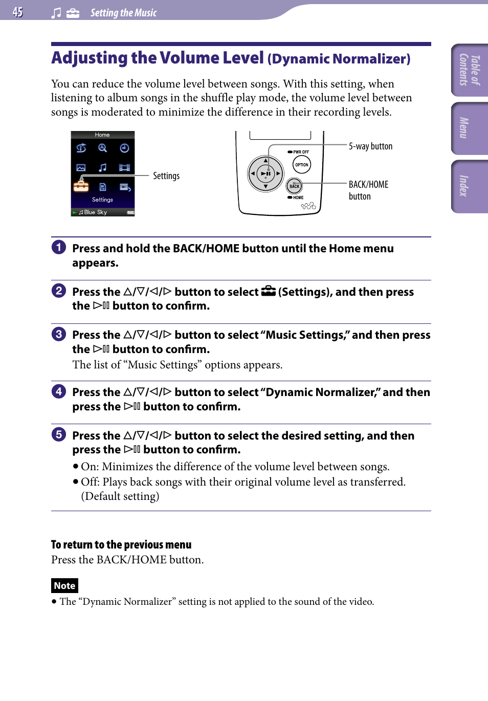 Adjusting the volume level (dynamic normalizer), Adjusting the volume level, Dynamic normalizer) | Dynamic normalizer | Sony NWZ-A818BLK User Manual | Page 45 / 125