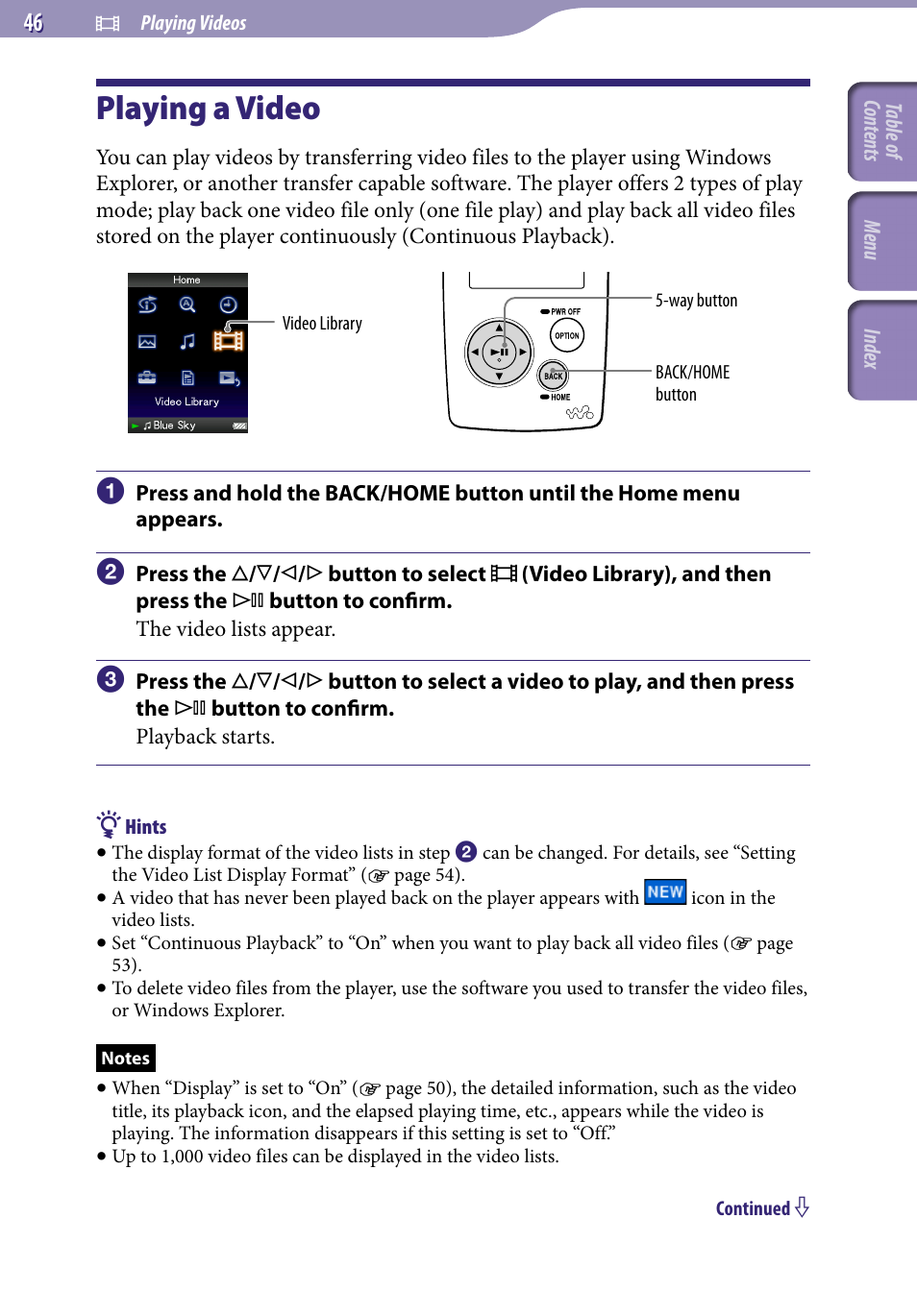 Playing videos, Playing a video, Video library | Sony NWZ-A818BLK User Manual | Page 46 / 125