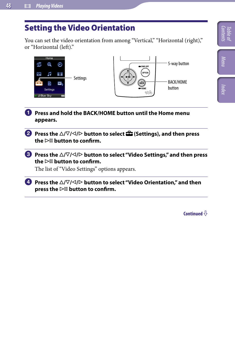 Setting the video orientation, Video orientation | Sony NWZ-A818BLK User Manual | Page 48 / 125