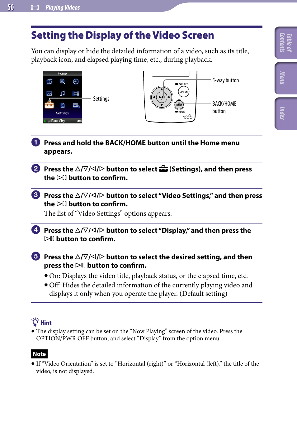 Setting the display of the video screen, Setting the display of the video, Screen | Display | Sony NWZ-A818BLK User Manual | Page 50 / 125