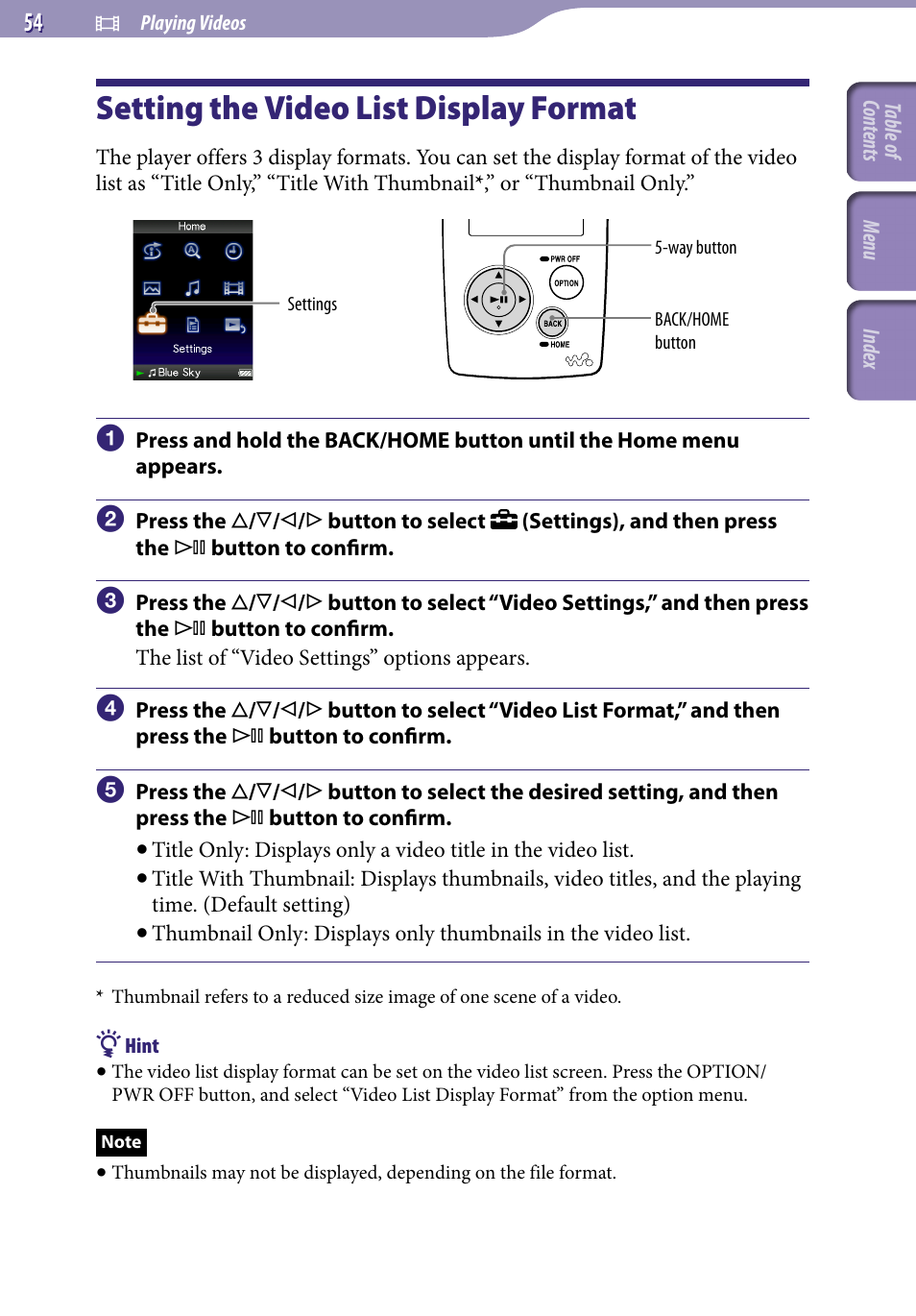 Setting the video list display format, Setting the video list display, Format | Video list format | Sony NWZ-A818BLK User Manual | Page 54 / 125