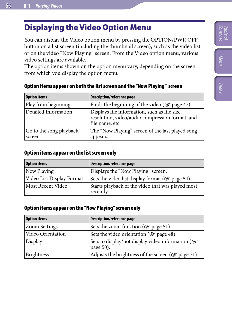 Displaying the video option menu | Sony NWZ-A818BLK User Manual | Page 56 / 125