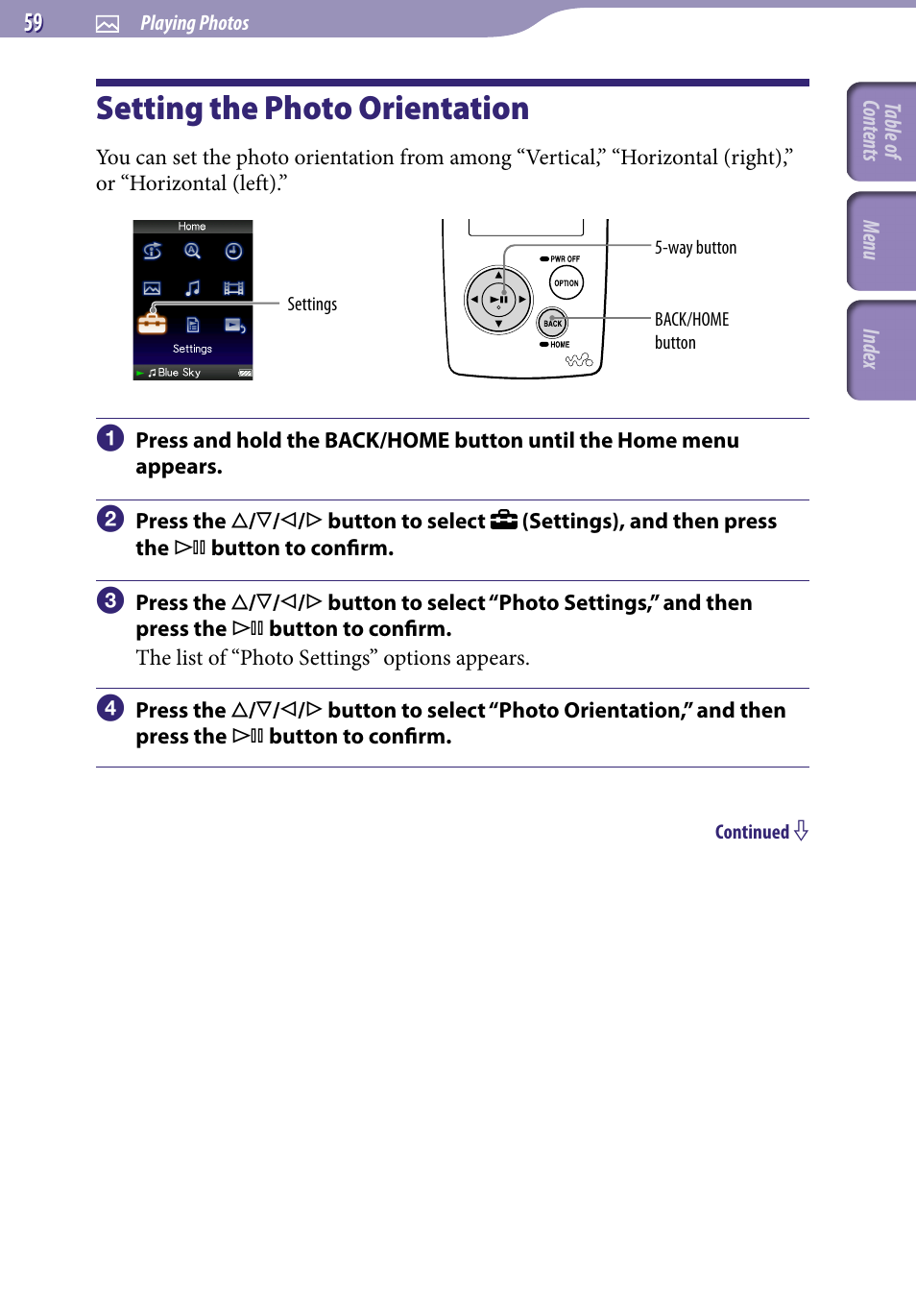 Setting the photo orientation, Photo orientation | Sony NWZ-A818BLK User Manual | Page 59 / 125