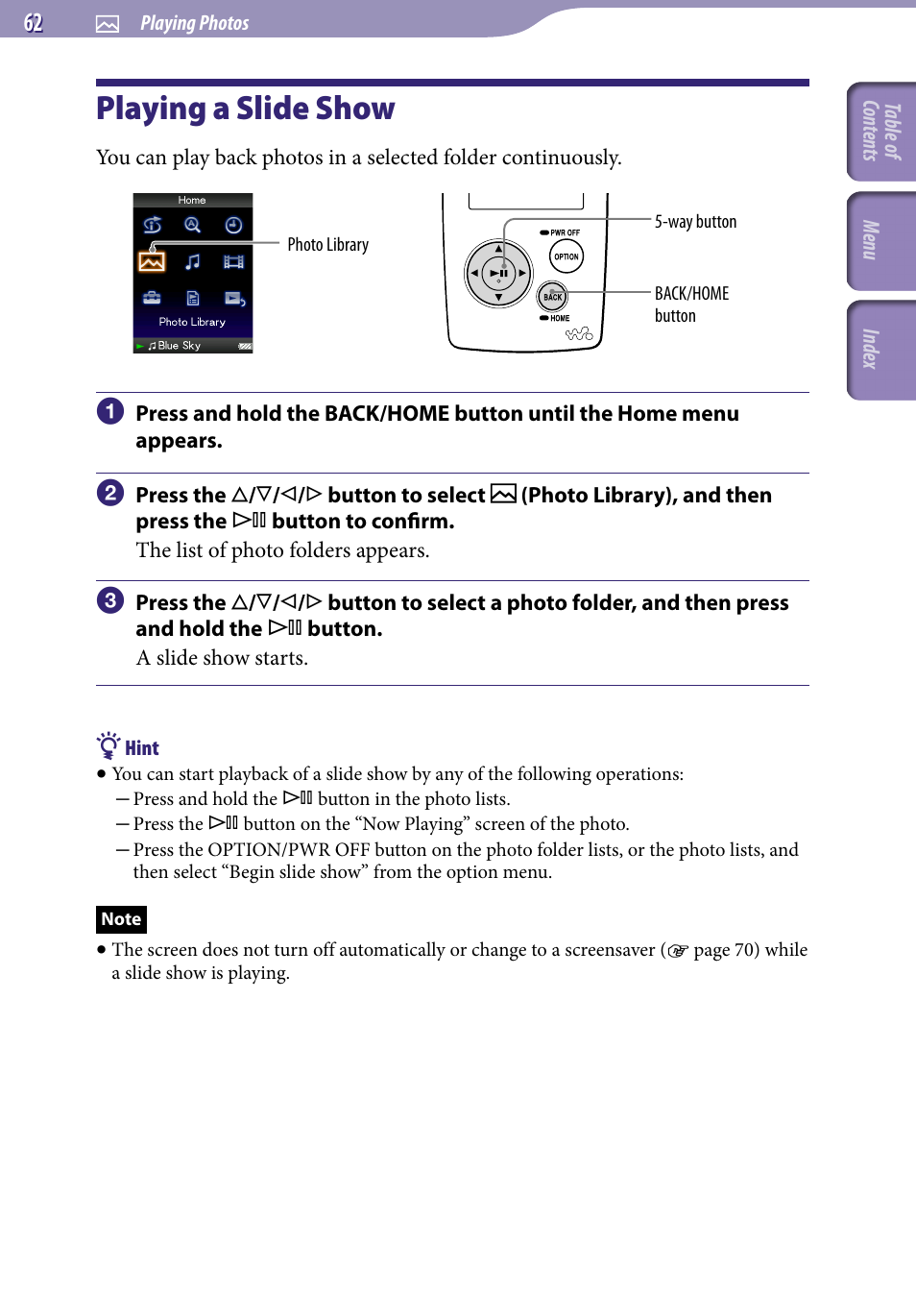 Playing a slide show | Sony NWZ-A818BLK User Manual | Page 62 / 125