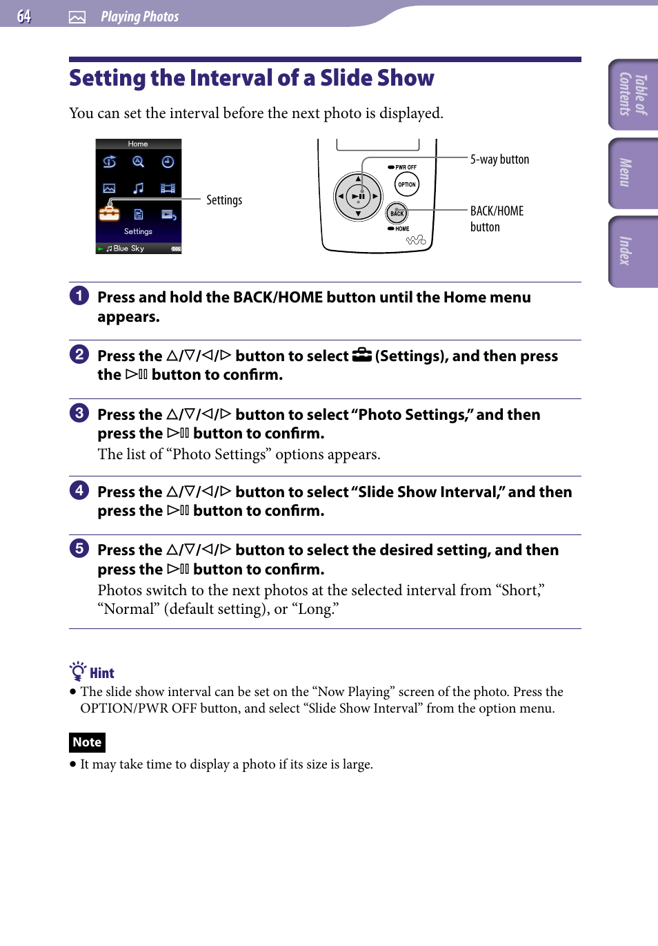 Setting the interval of a slide show, Slide show interval | Sony NWZ-A818BLK User Manual | Page 64 / 125