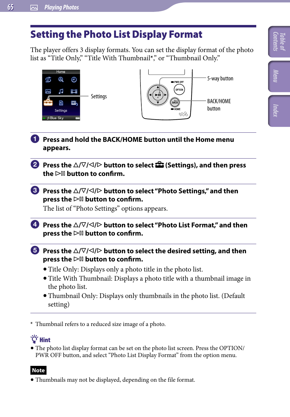 Setting the photo list display format, Setting the photo list display, Format | Photo list format | Sony NWZ-A818BLK User Manual | Page 65 / 125