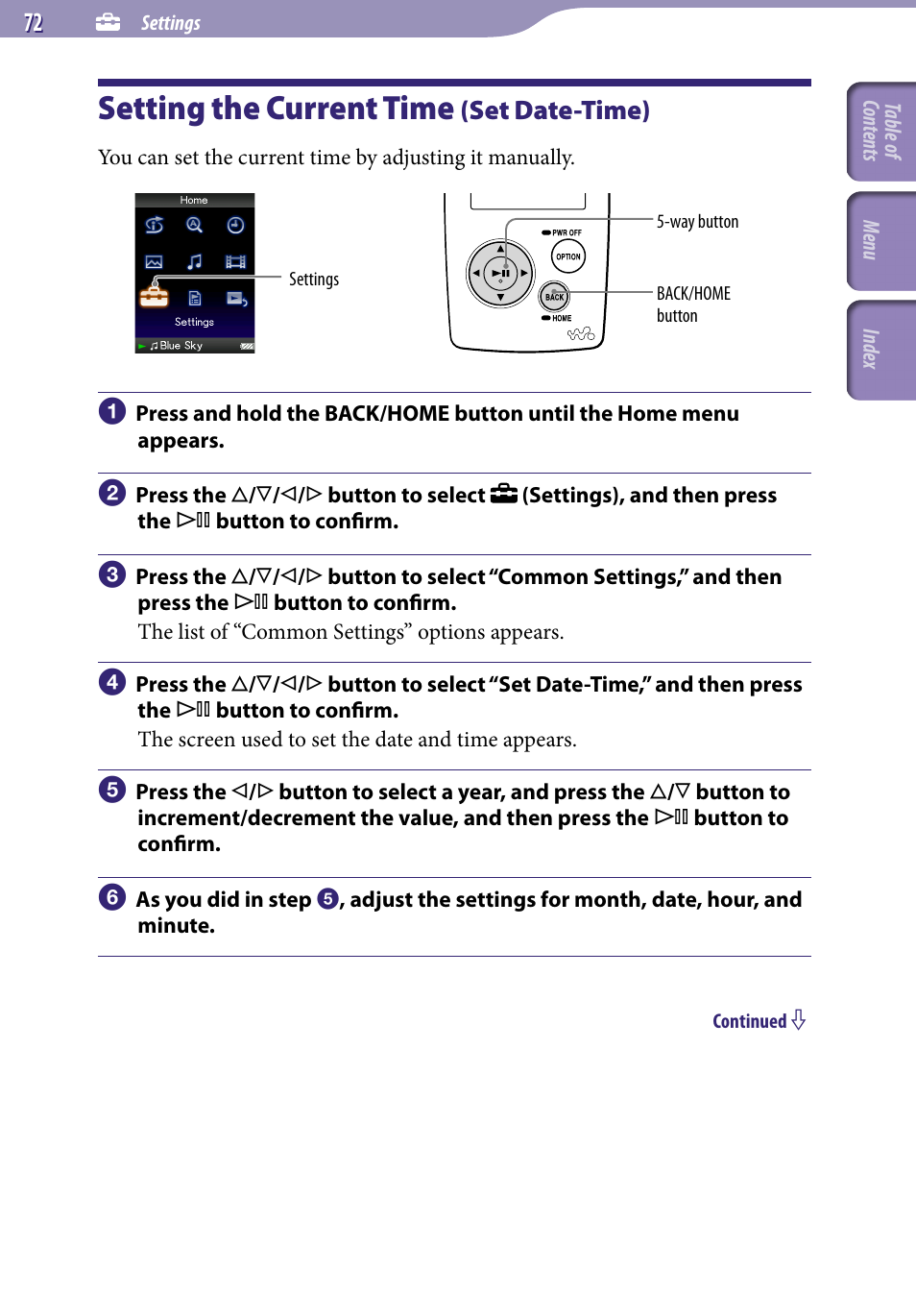 Setting the current time (set date-time), Setting the current time, Set date-time) | Set date-time | Sony NWZ-A818BLK User Manual | Page 72 / 125