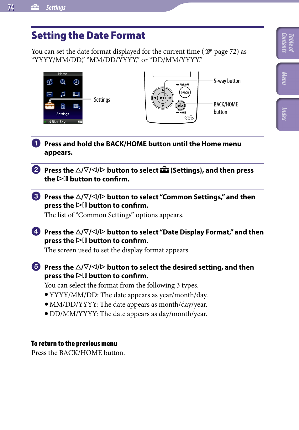 Setting the date format, Date display format | Sony NWZ-A818BLK User Manual | Page 74 / 125