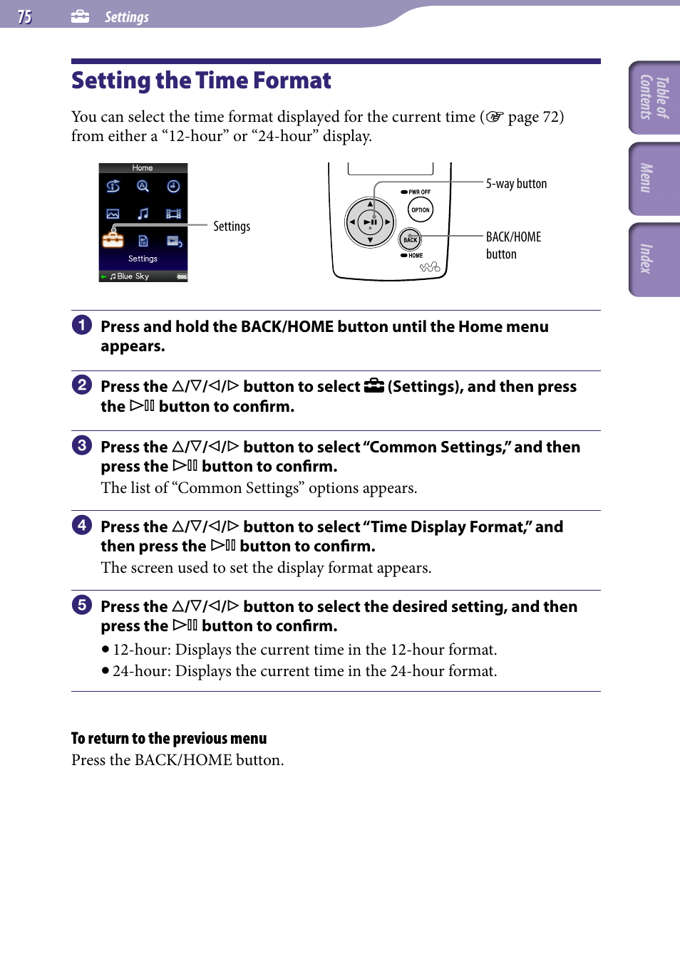 Setting the time format, Time display format | Sony NWZ-A818BLK User Manual | Page 75 / 125