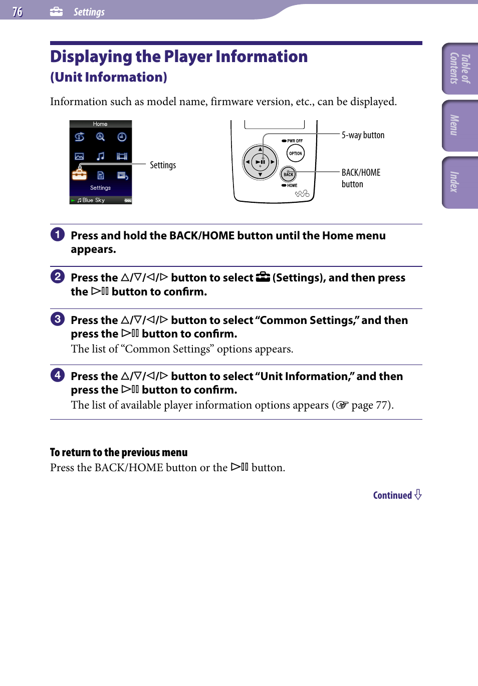 Displaying the player information, Unit information), Unit information | Sony NWZ-A818BLK User Manual | Page 76 / 125