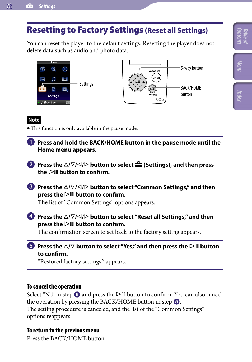 Resetting to factory settings (reset all settings), Resetting to factory settings, Reset all settings) | Reset all settings | Sony NWZ-A818BLK User Manual | Page 78 / 125