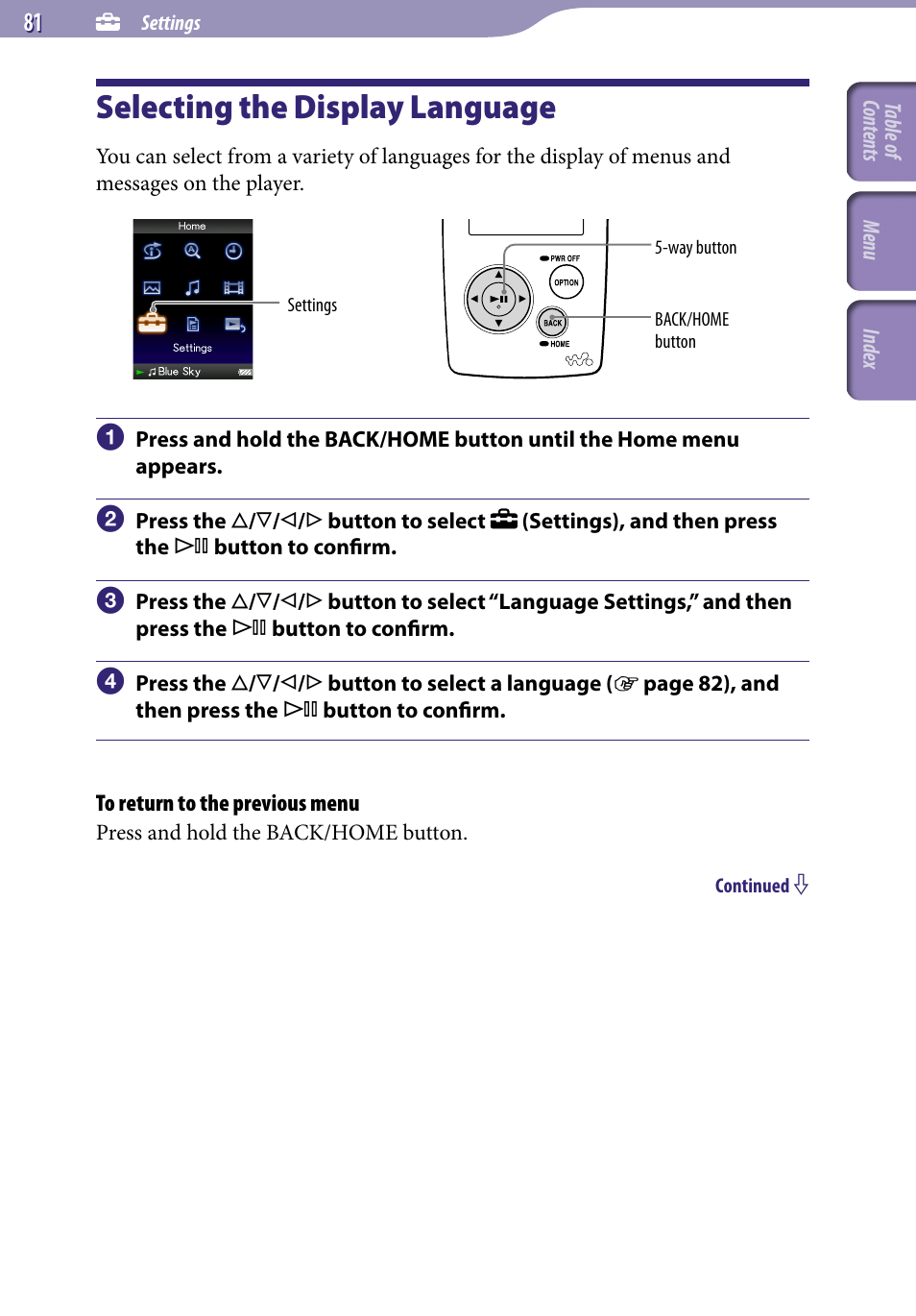 Selecting the display language, Language settings | Sony NWZ-A818BLK User Manual | Page 81 / 125