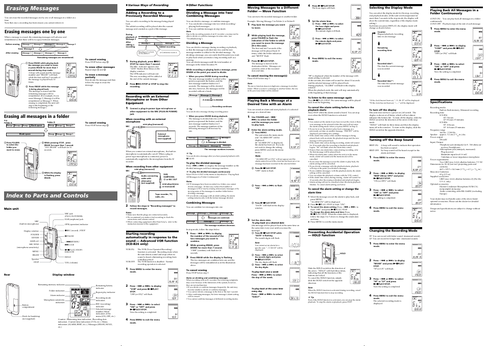 Erasing messages, Index to parts and controls, Erasing messages one by one | Erasing all messages in a folder | Sony ICD-B26 User Manual | Page 2 / 2