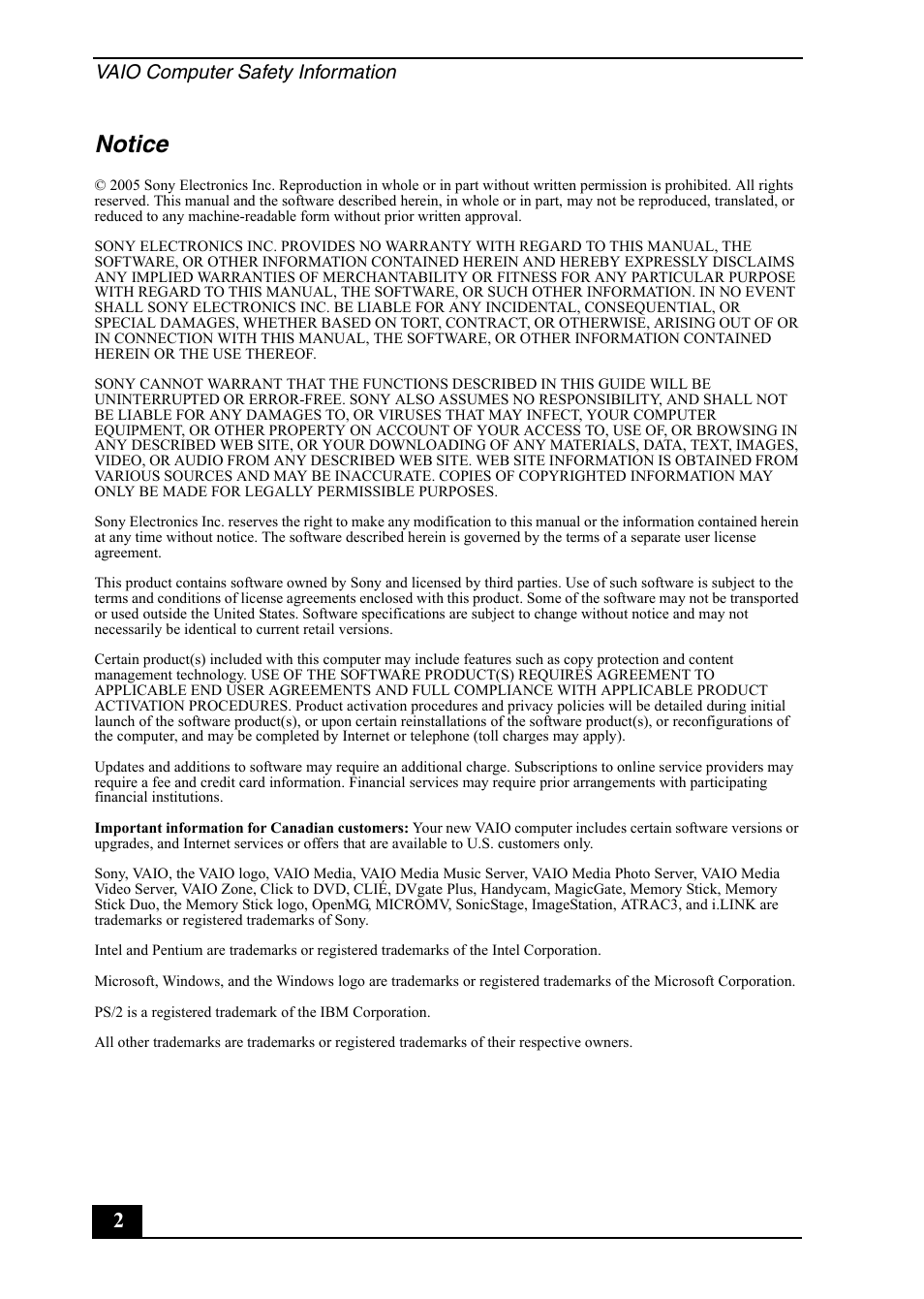 Notice, Vaio computer safety information | Sony VGC-RB52 User Manual | Page 2 / 12