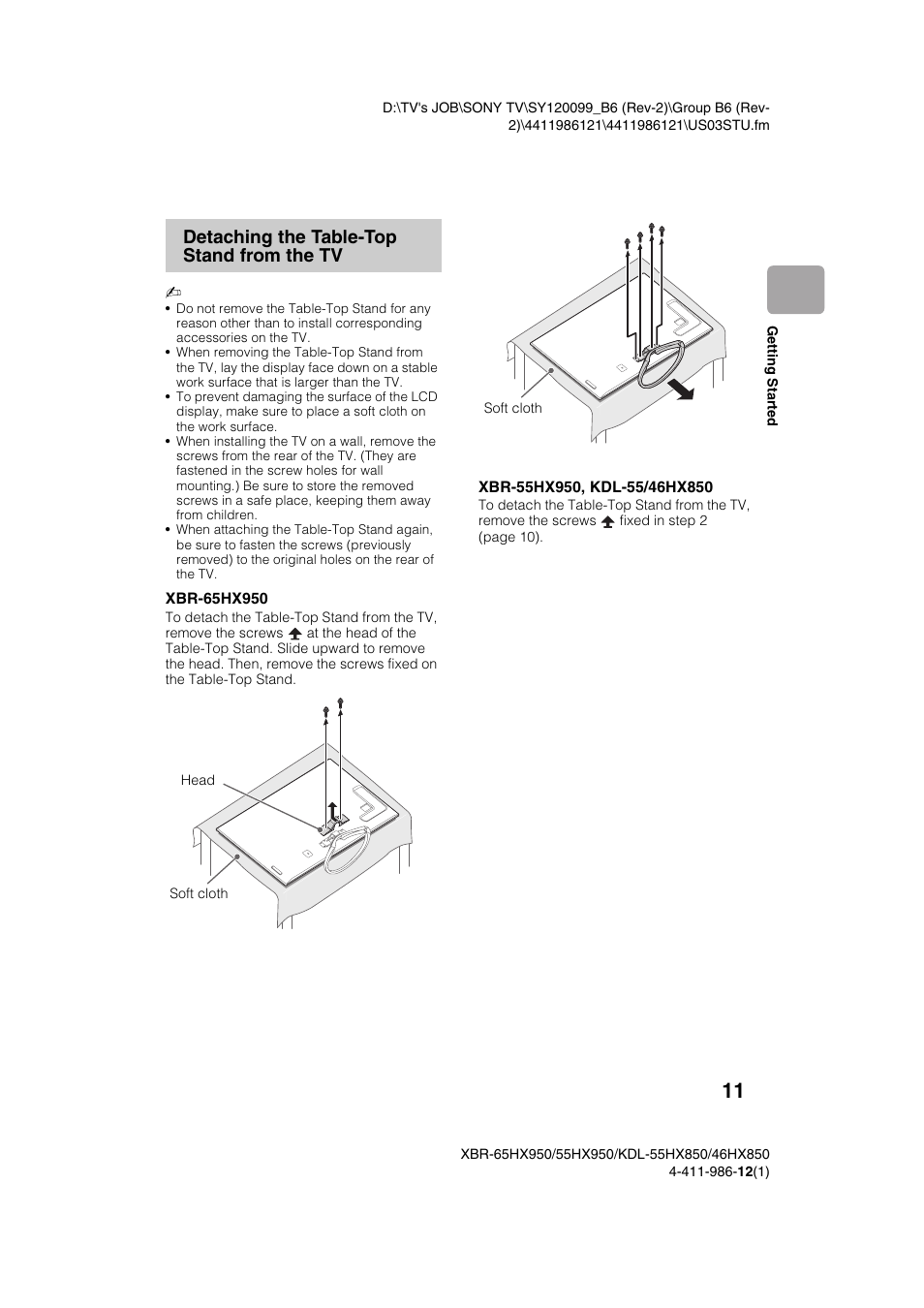 Detaching the table-top stand from the tv | Sony XBR-55HX950 User Manual | Page 11 / 40