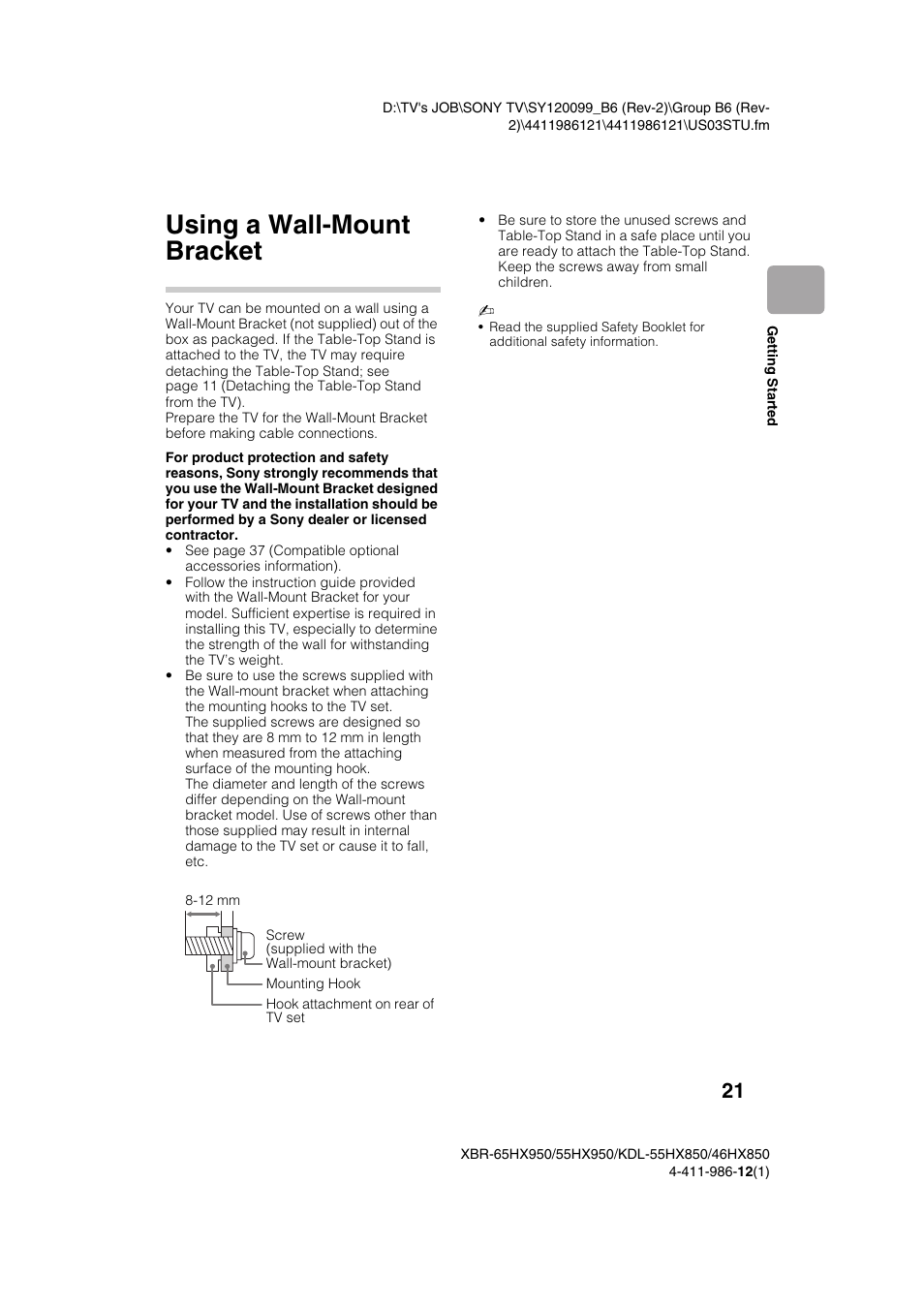 Using a wall-mount bracket | Sony XBR-55HX950 User Manual | Page 21 / 40