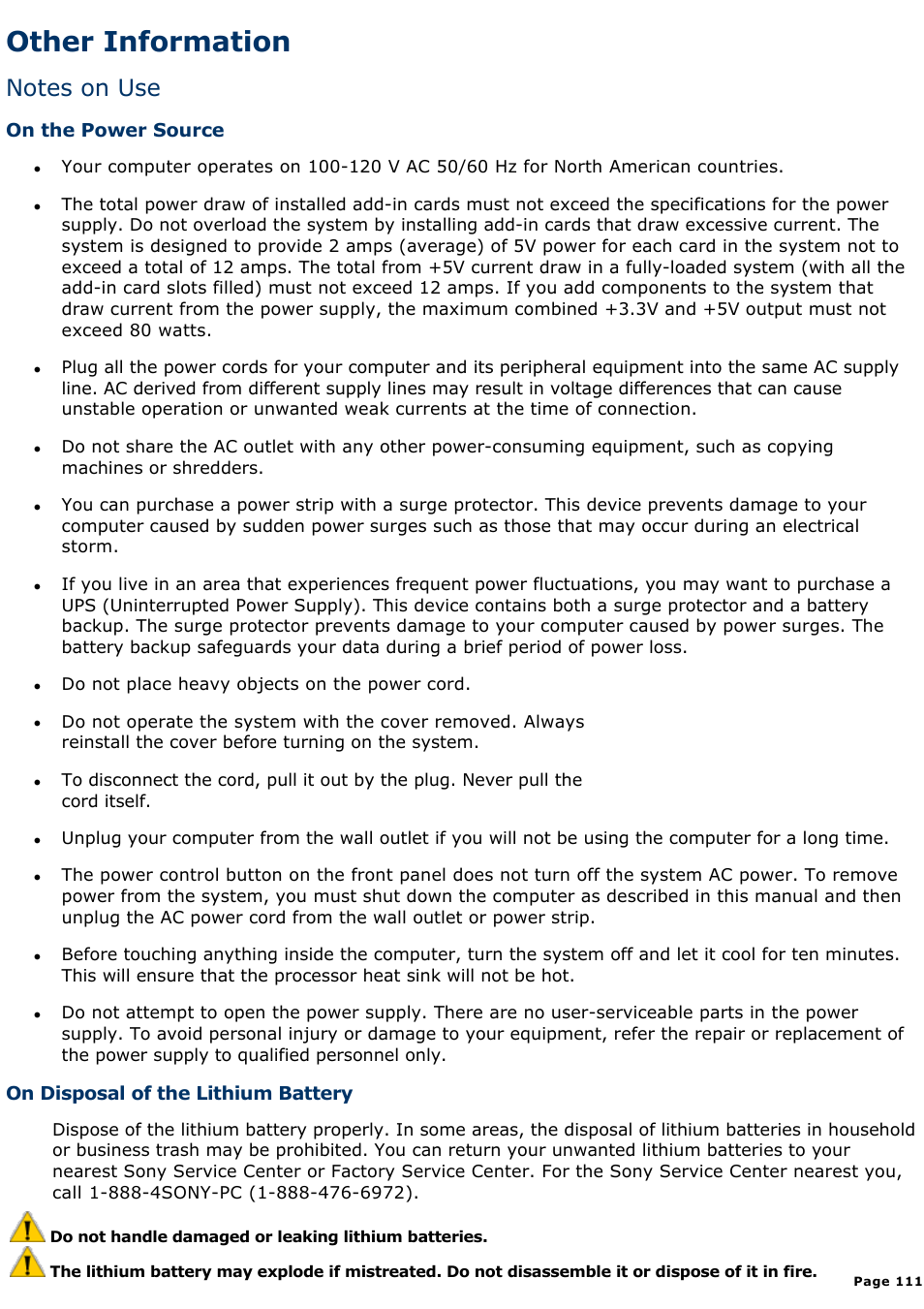 On disposal of the lithium battery, Other information | Sony PCV-E302DS User Manual | Page 1113 / 1141