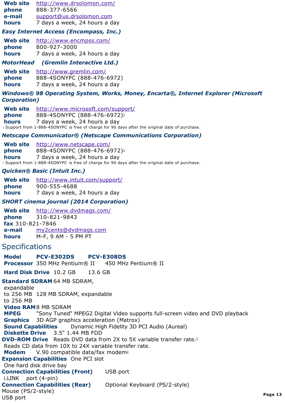 Specifications | Sony PCV-E302DS User Manual | Page 13 / 1141