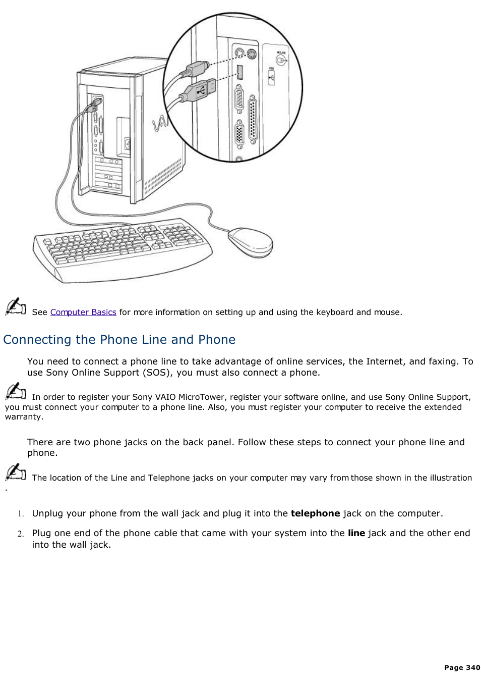 Connecting the phone line and phone | Sony PCV-E302DS User Manual | Page 340 / 1141