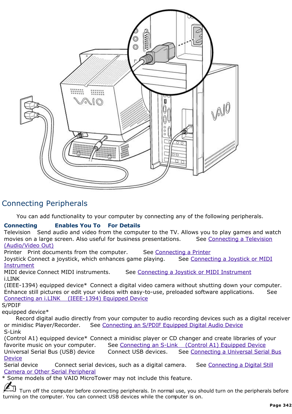 Connecting peripherals | Sony PCV-E302DS User Manual | Page 342 / 1141